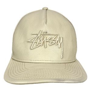 Stussy PU Cream Embroidered Logo Snapback‎ Flat Bill Hat Cap